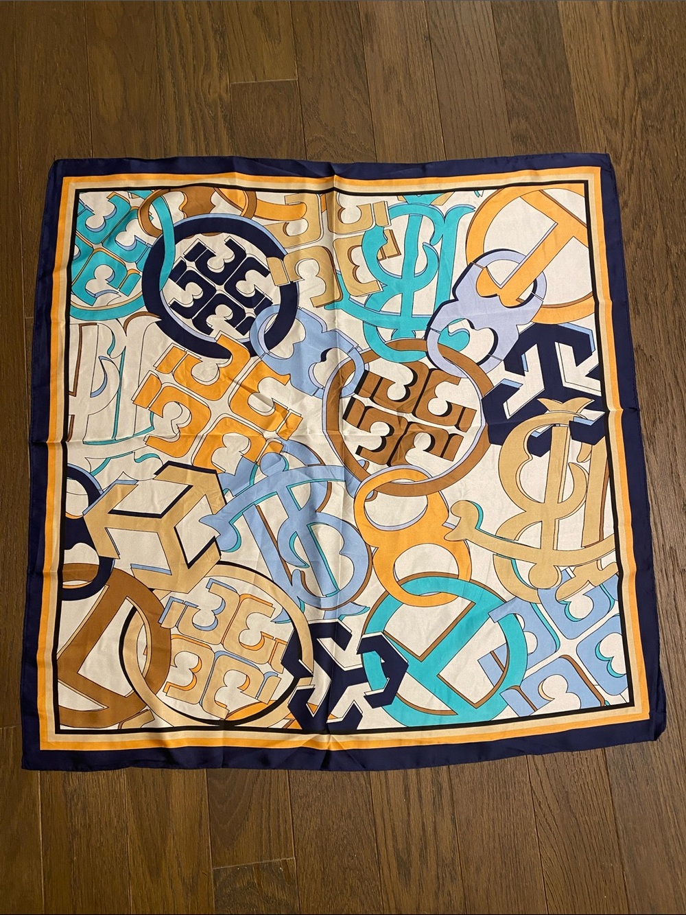 Tory Burch Multicolor Logo-Print Silk like Scarf in Navy, Teal, Gold, Cream